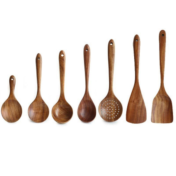 Rustic 7 Pieces Teak Wooden Utensil Set